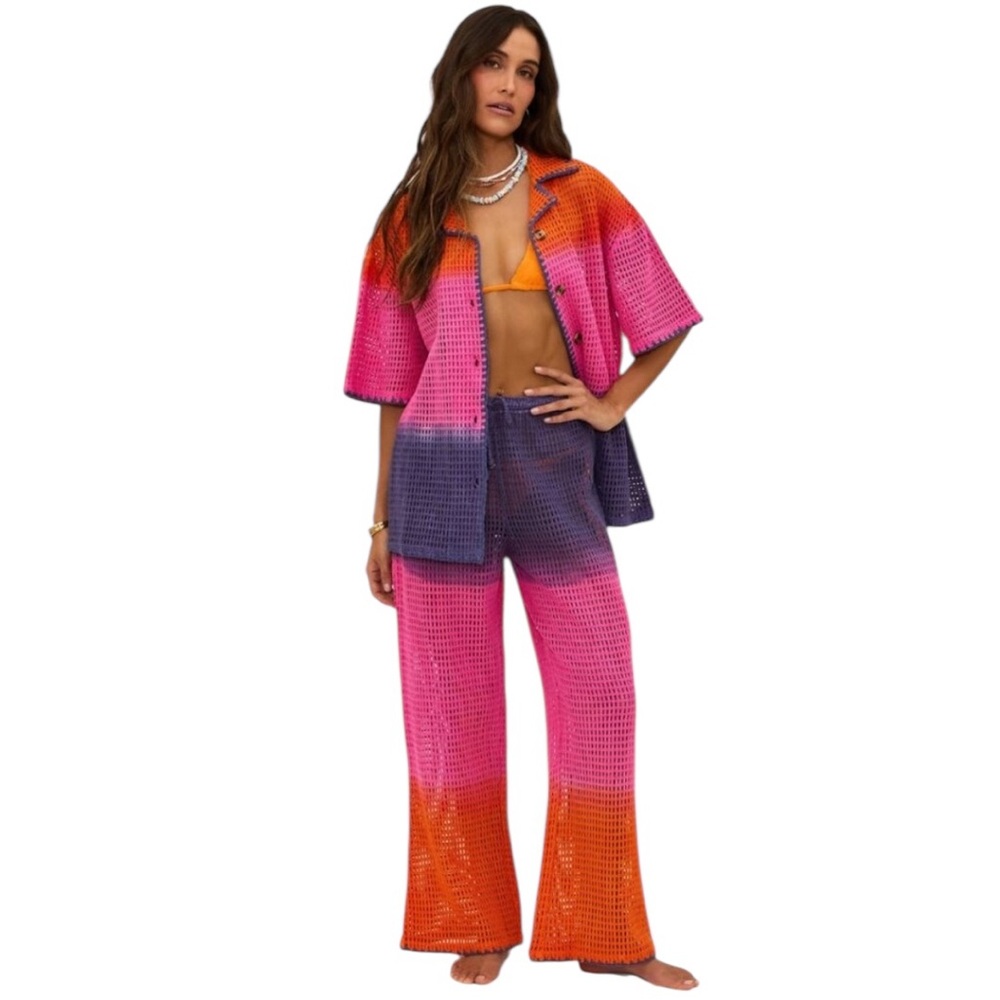 Beach Riot Crochet Wide-Leg Pants & Jacket Set Swim Cover Up Pink Orange Purple